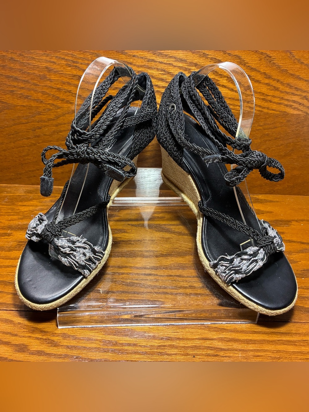 Via Spiga Braided Lace Up Espadrille Wedge Sandals Black Silver Size 10